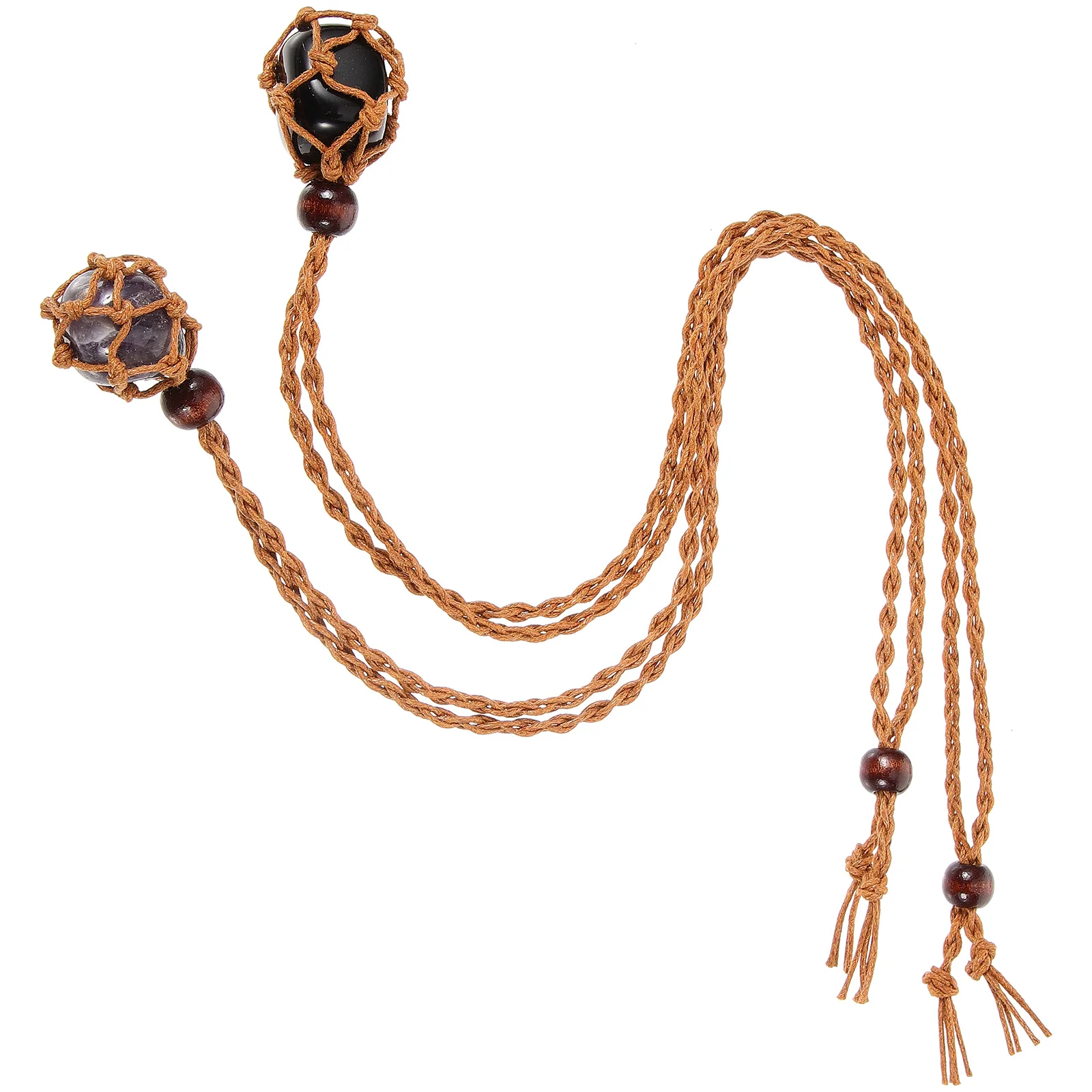 

2Pcs Amethyst Obsidian Necklace Handmade Woven Rope Adjustable Crystal Stone Holder Vintage Pendant For Women Men