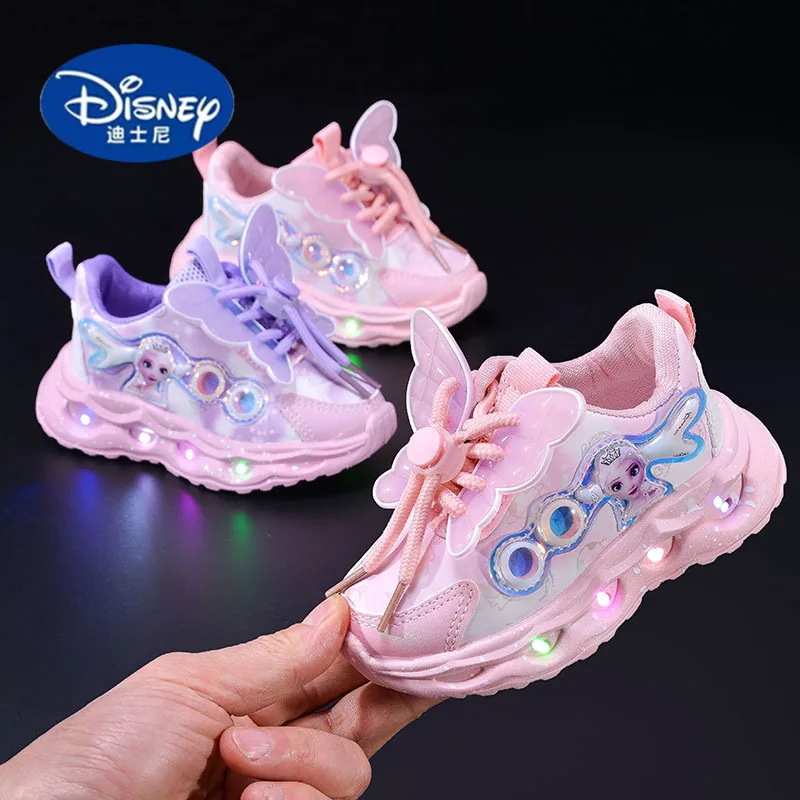 

Disney 2025 Girls' Cartoon Leather Light-Up Sneakers: Butterfly LED Toddler Sports Shoes, Fashion Kids Shoes