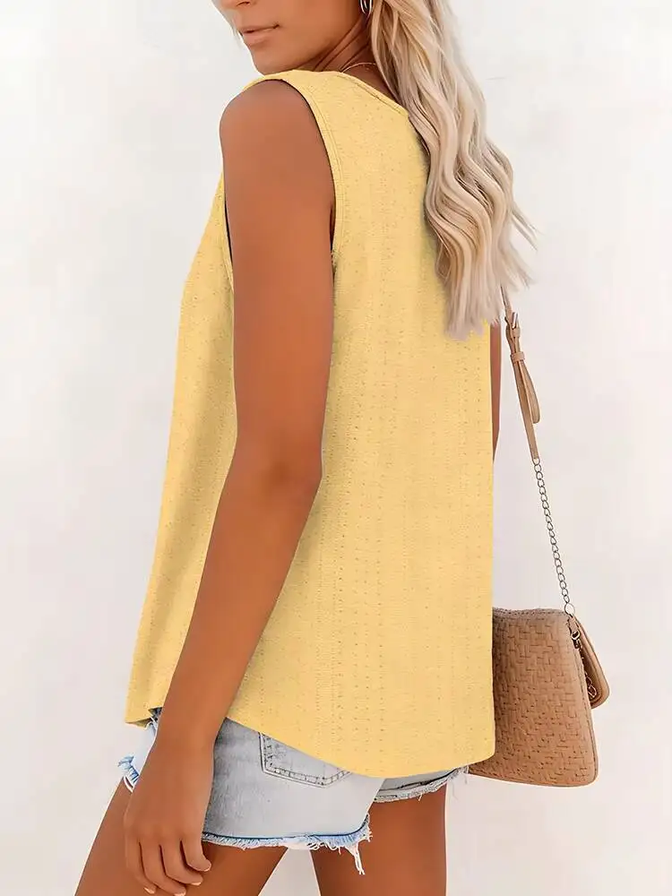 Women's Tank Top Spring Summer Yellow Crew Neck Sleeveless Perforated Texture Button Placket Relaxed Fresh Elegant Daily Casual