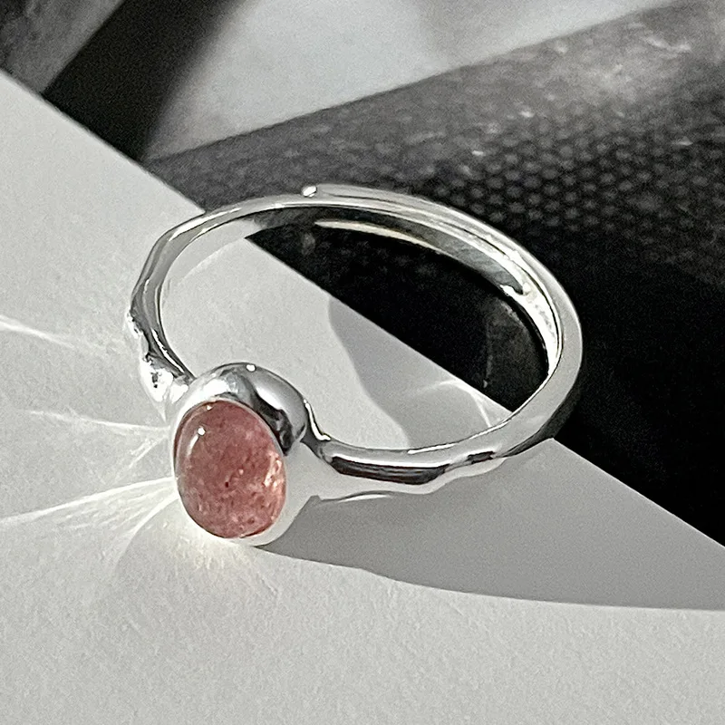 Genuine 925 Sterling Silver Strawberry Quartz Opening Adjustable Rings For Women Girls Wedding Party Fashion Jewelry Gifts