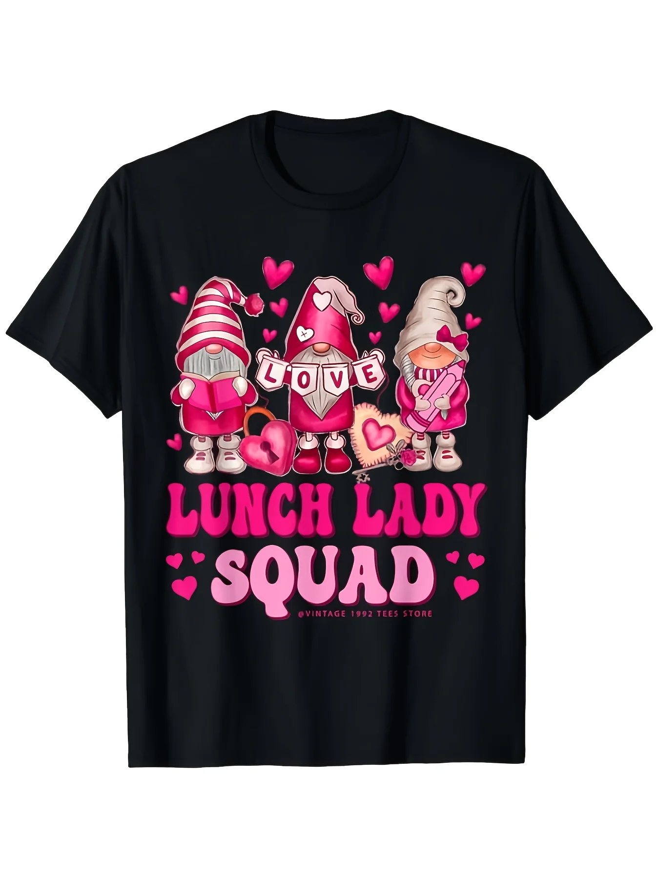Lunch Lady Teacher Squad Valentines Day Gnomes Holding Heart T-ShirtCasual, Vacation, Party, Sports, Fashion T-shirt, Unisex, 2026 Summer Short-sleeved Printed T-shirt, Pure Cotton 220G