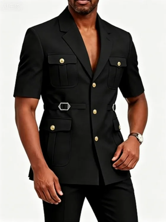Luxury Black Men Short Sleeve Safari Suit 2 Pieces Lapel Collar Multi Pocket Gold Button Waist Belt Business Wedding Party Blaze