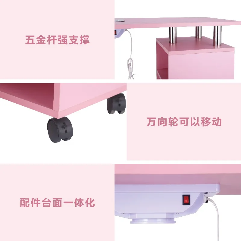 Pink manicure table with manicure vacuum cleaner, multi-layer drawer storage, removable manicure table