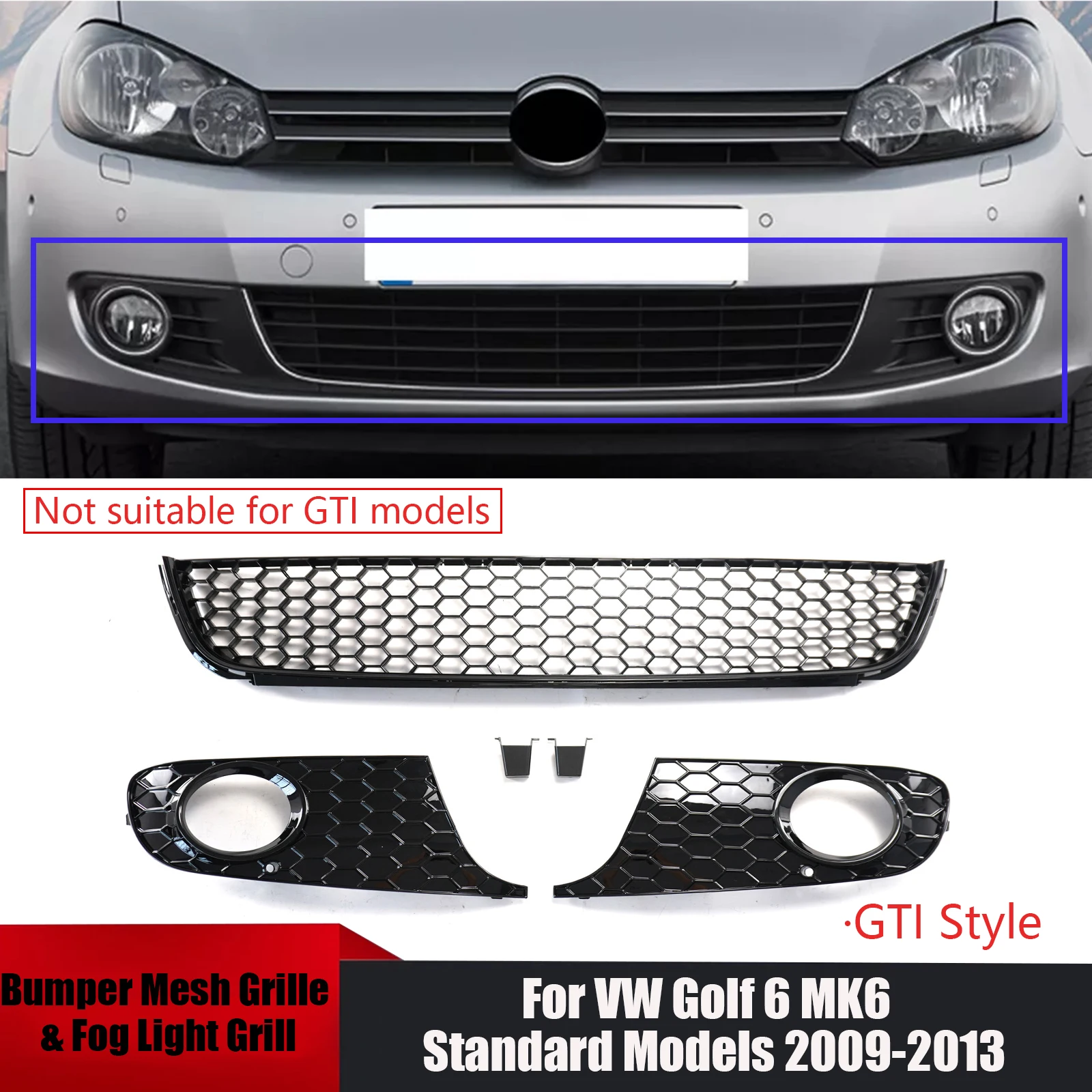 

GTI Style For VW Golf 6 MK6 Standard Models 2009-2013 Front Lower Bumper Mesh Grille &Fog Light Grill Accessories Glossy Black