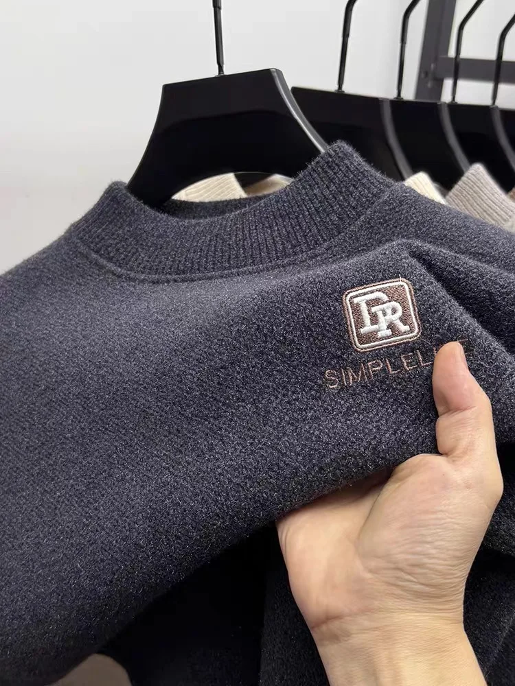 

High quality plush warm round neck sweater men's winter new trend brand letter embroidery Korean style casual knitted pullover