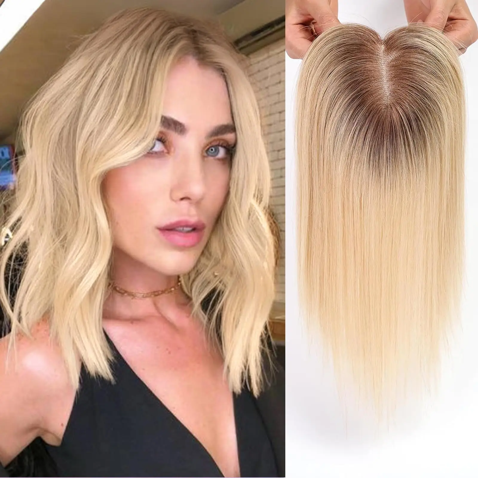 

14 inch Blonde Ombre Human Hair Toppers 3Clip in Natural Hairpieces Fringe for Women Hair Loss Swiss Lace Invisible Hair Toppers