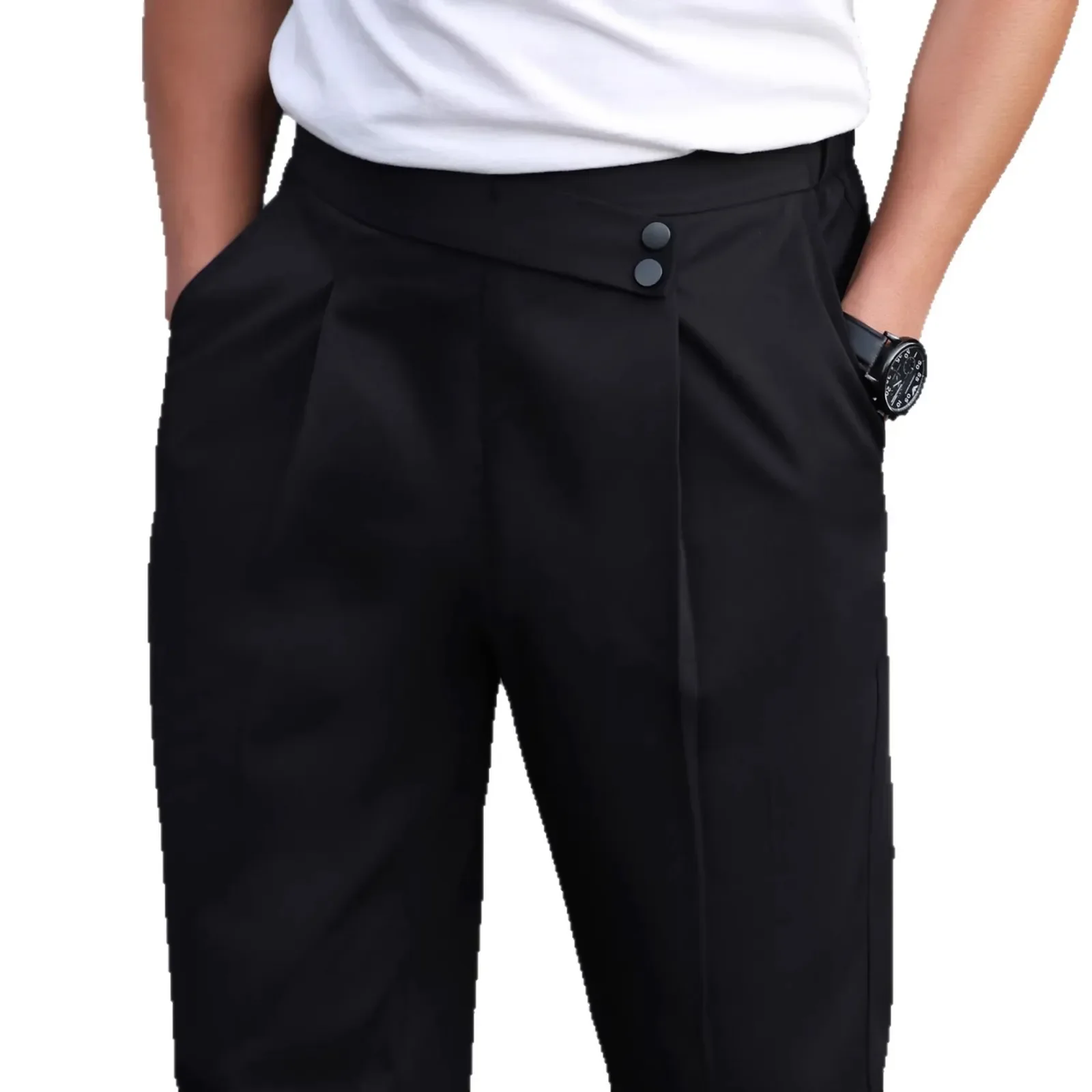 Italian Style Men Grey White Black Solid Color Button Pletaed Mid Waist Wide Leg Straight Simple Basic Casual Suit Trousers Male