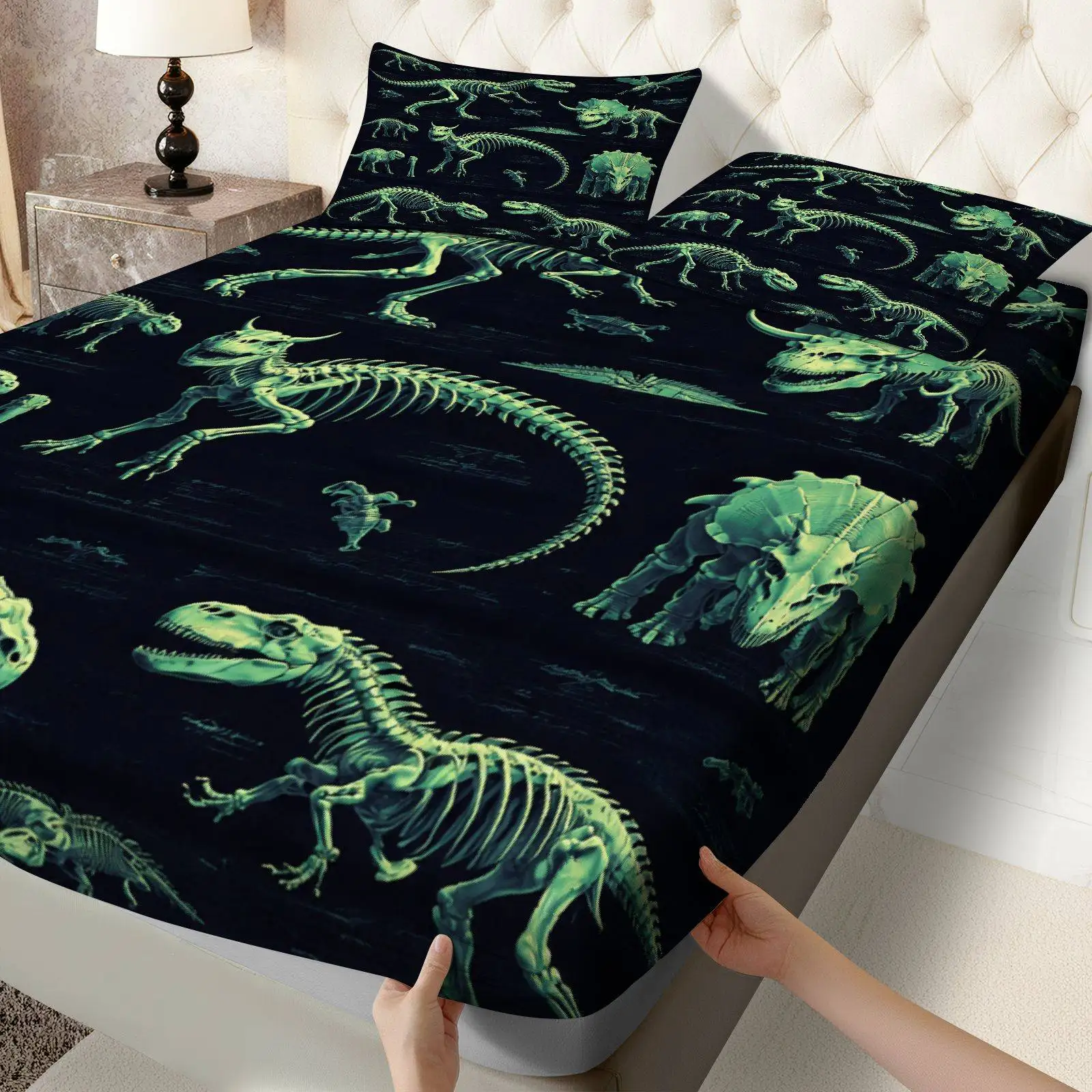Flat Printed Bed Sheet, Bedroom Decor, Bedding, Home Bedroom Decoration, Holiday Bed Sheet and Pillowcase, Dinosaur Skeleton Fossil Bed Sheet Set, Halloween Theme, Mattress Protector