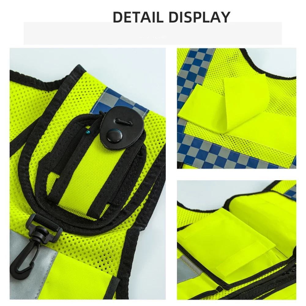 Chaleco reflectante de policía, chaqueta de seguridad de alta visibilidad, malla transpirable, doble capa, ropa de trabajo de seguridad nocturna