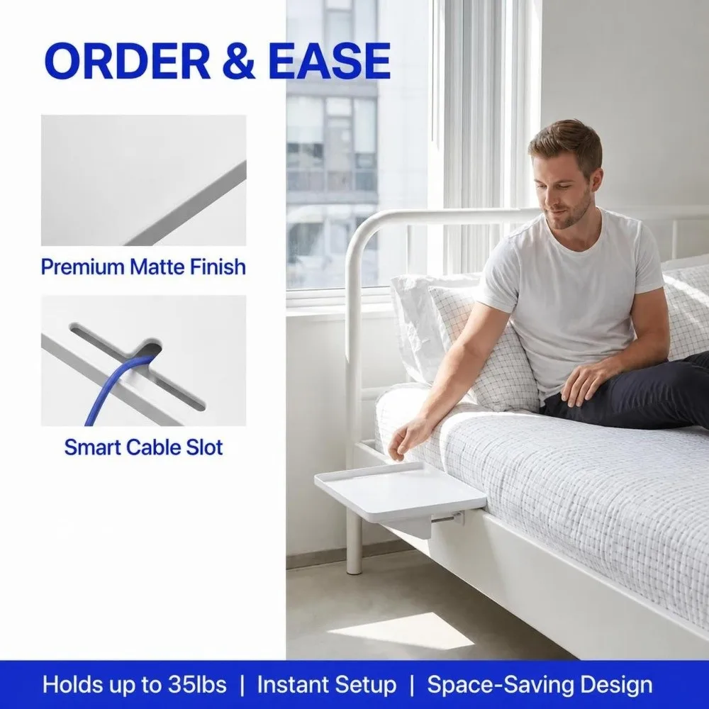 Space-Saving ABS Bedside Shelf White Clip On Bed Tray T-Shaped Slot Cable Management Nightstand Organizer Home Dorm