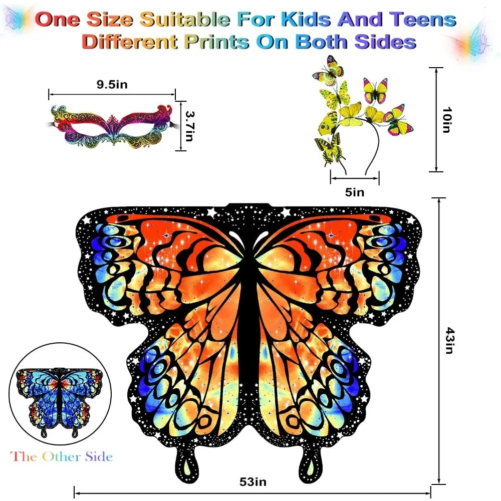 Fantasias de Halloween, asas de borboleta dupla face, asas de fada para meninas, conjunto de fantasias de borboleta de 3 peças.