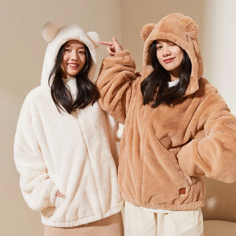 OhSunny New Autumn and Winter Clothes Women Hooded Soft Cute Bear Ear Plush Coat Women Loose Warm Jacket Women Fur Jacket