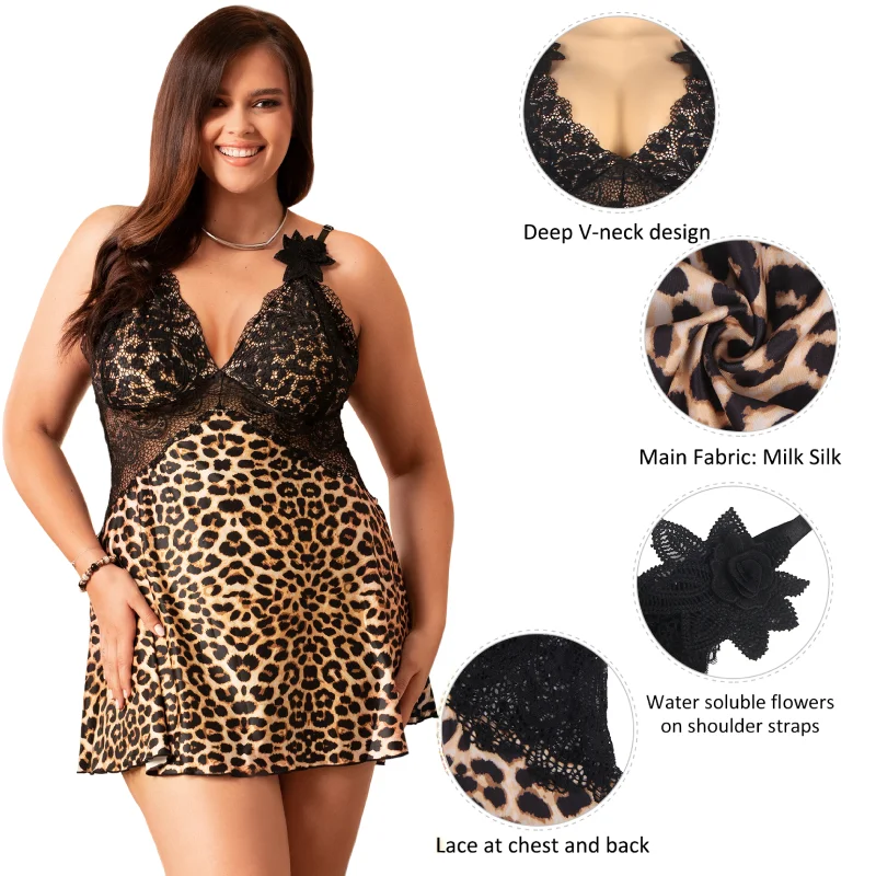 Comeondear Leopard Black Curve V Neck Sleepwear Babydoll Set Plus Size Strap Nightgown Sheer Lingerie Sexy Lace Pajamas Dress