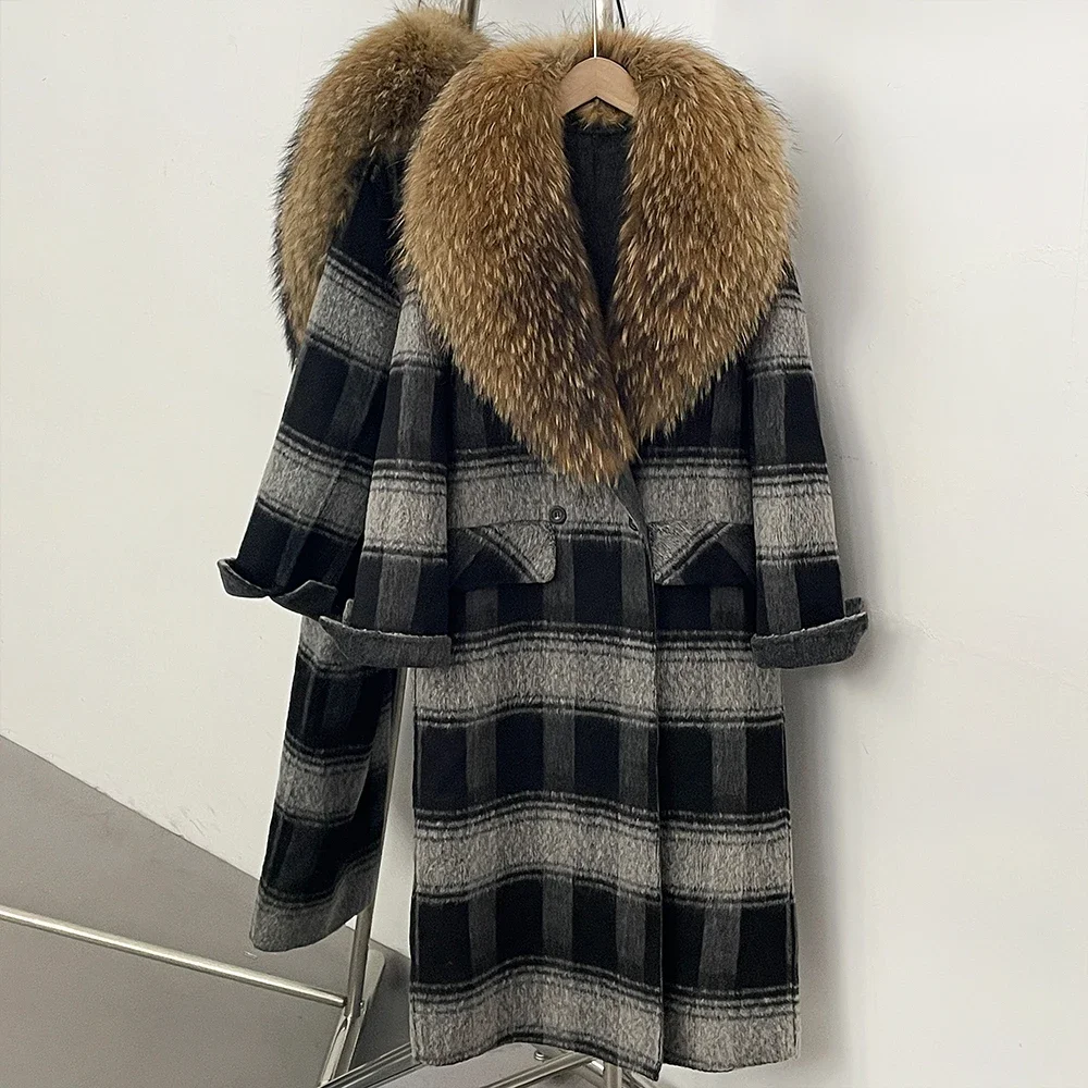 OFTBUY New Warm Winter Outerwear for Female Mid Long 100% Wool Coat Women Real Fox Fur Lapel Collar Vintage Plaid Woolen Jacket