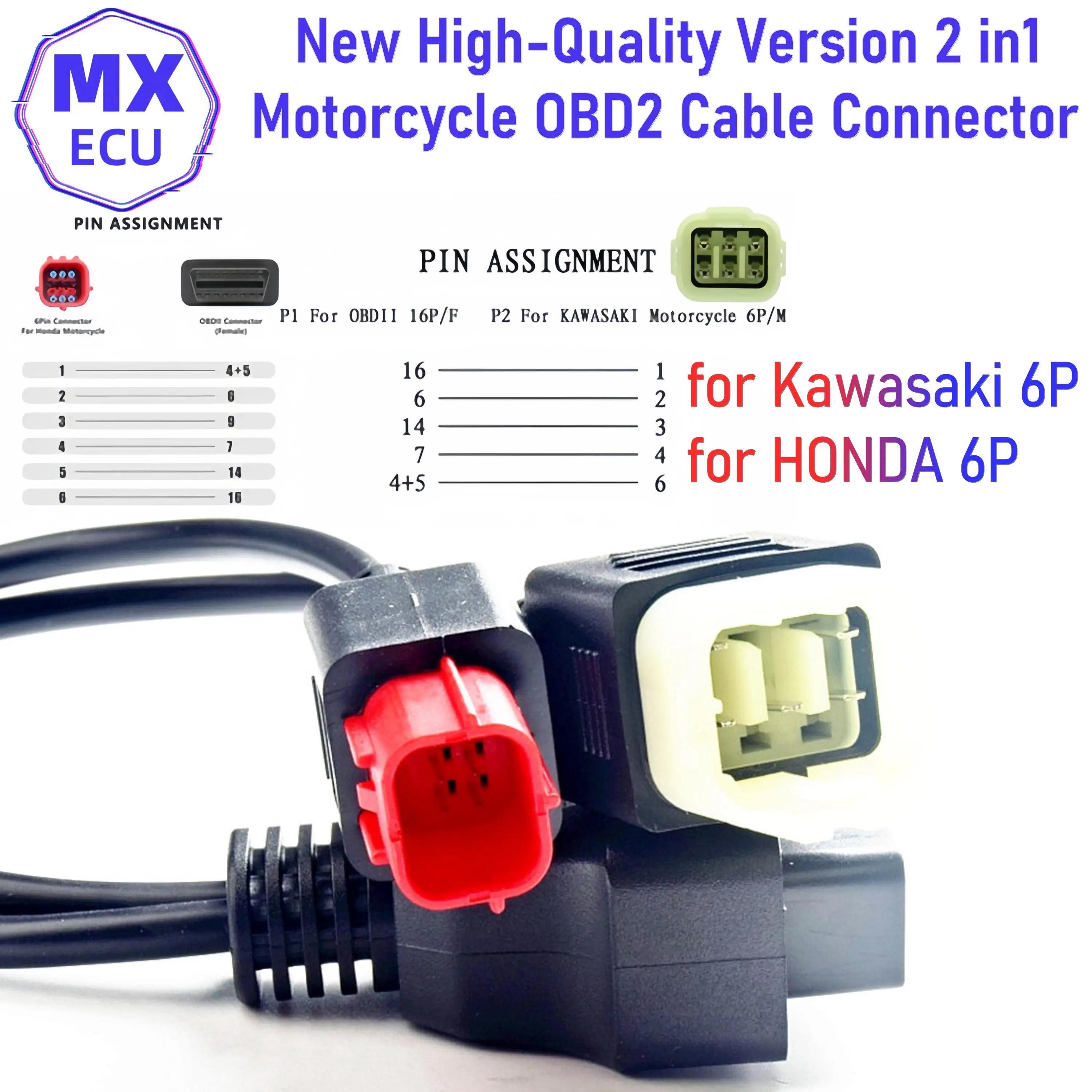 New Version for Kawasaki 8pin and Honda 4pin OBD2 Motorcycle Diagnostic Connector Cable 2 in 1 To 16pin OBD Motor Extension Wire