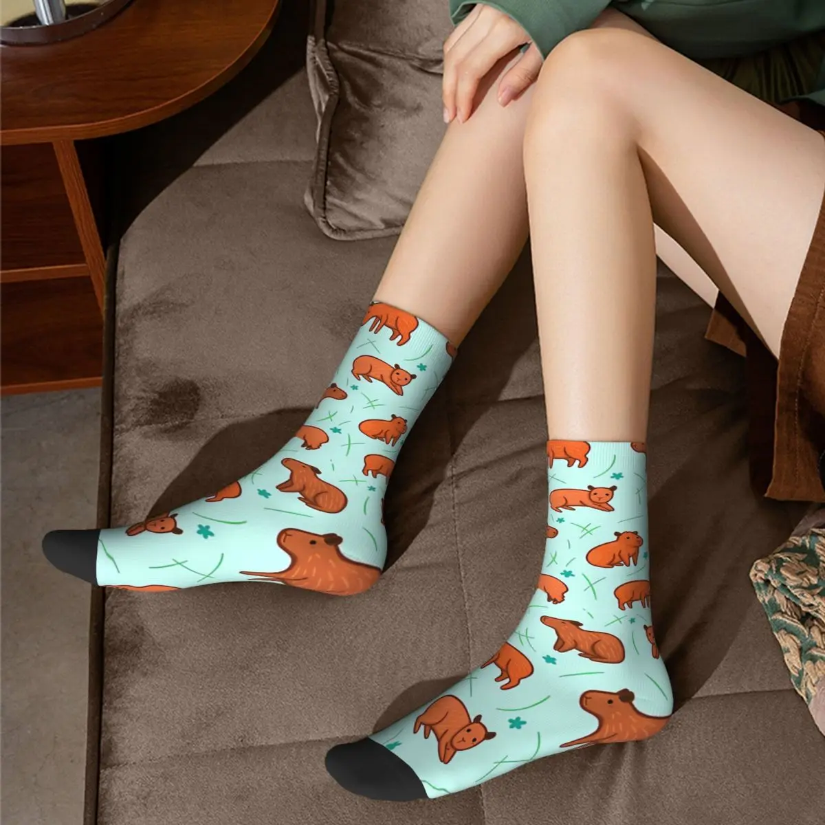 Grass Pattern Capybara Socks Gym 3D Print Boy Girls Mid-calf Sock