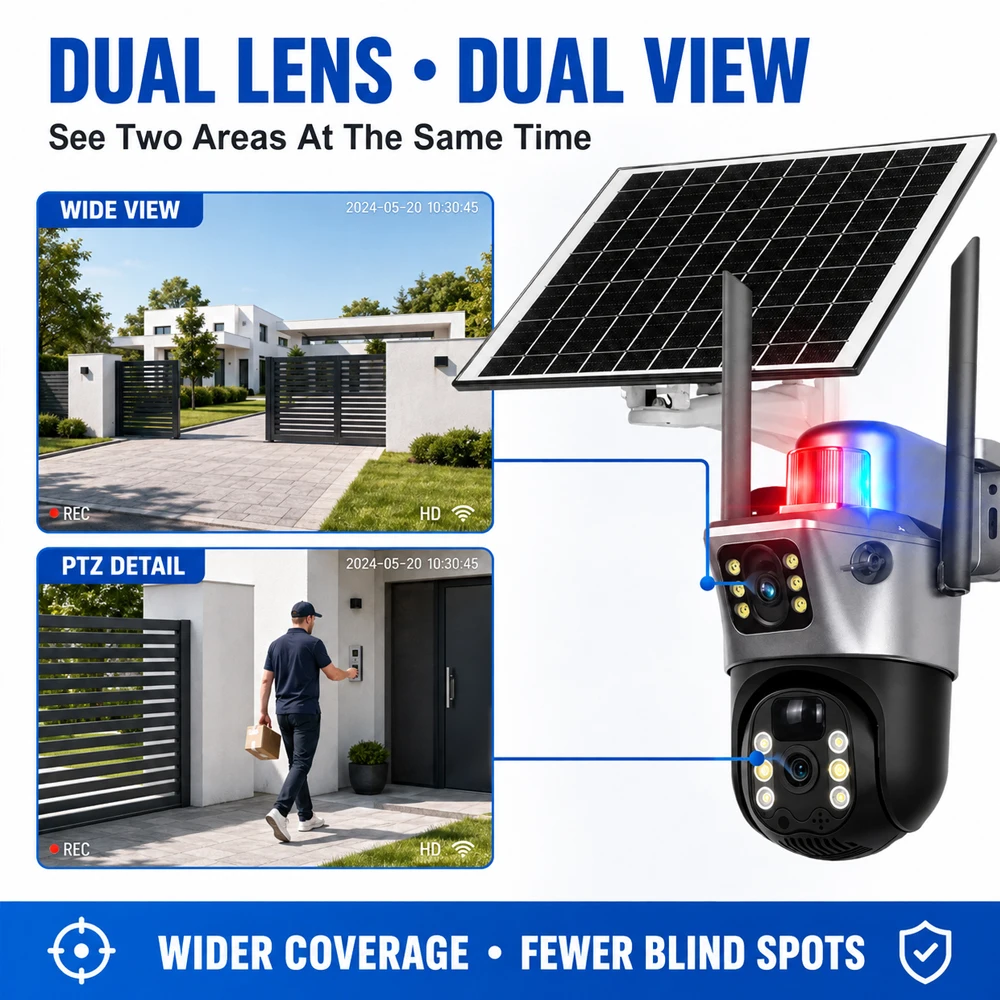 EseeCloud 4K 8MP Dual‑View 4G Solar PTZ Cam AOV Mode Motion Tracking, Color Night Vision Outdoor Home Security Cam