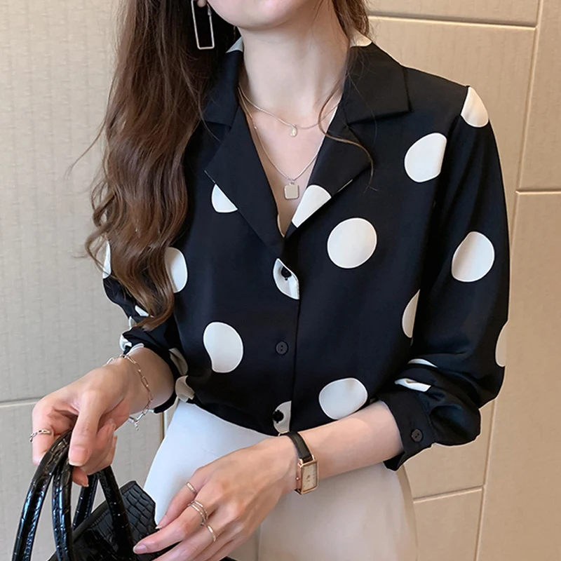 Polka Dot Women\'s Shirt Elegant Lapel Button-up Blouse Long Sleeve Summer  Tops Vintage Casual Female Clothing camisas e blusas