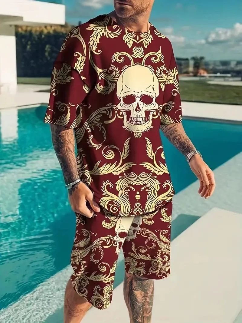 Abbigliamento sportivo da uomo Trend Men Set 3D Flower Skull Printed abbigliamento pantaloncini Casual magliette Set tute estive tuta da uomo Set