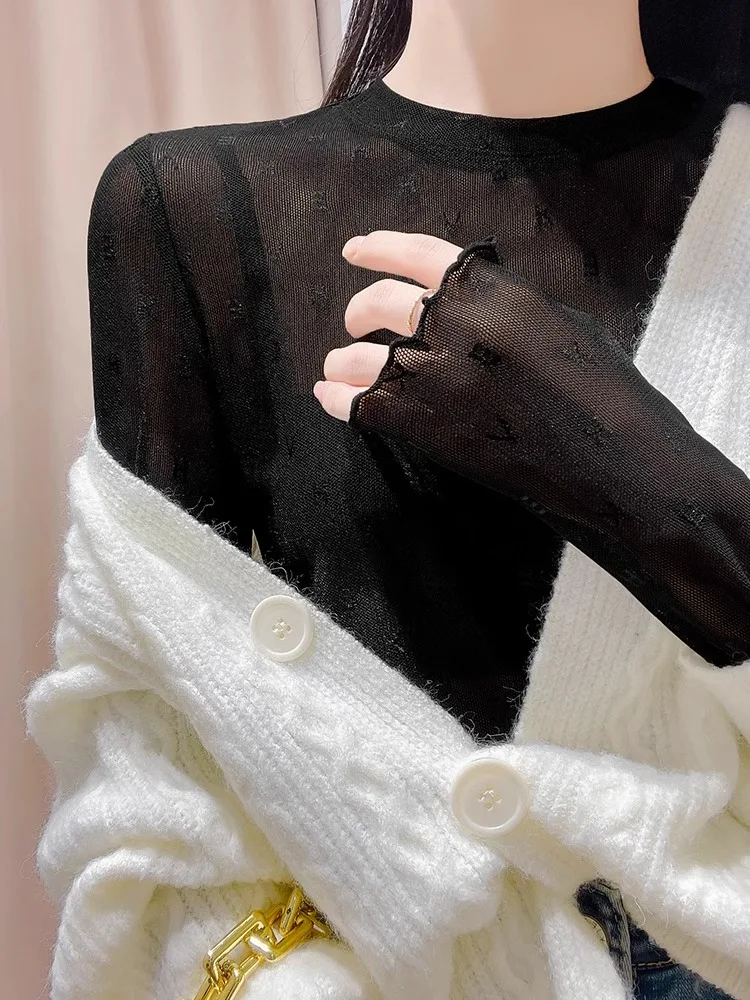 Biała koronkowa bazowa koszulka damska na lato, ochrona przed słońcem, siateczkowa bielizna, top.