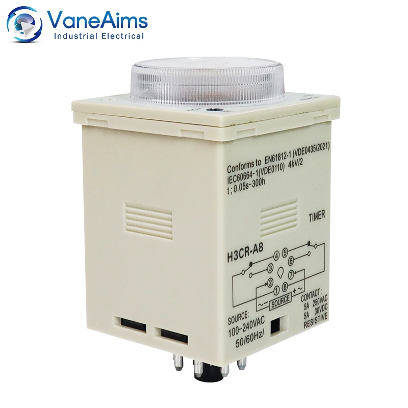 H3CR-A8 Time Timer Relay 100-240VAC 50/60Hz 0.05s to 300h 8PIN Power On and Off Cycle Delay Time Relay Timer Control VaneAims