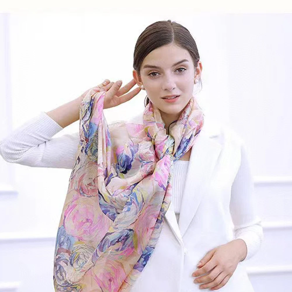บายซิฟา | Beige Blue ผ้าพันคอผ้าไหมผ้าคลุมไหล่ผู้หญิงดอกไม้พิมพ์ผ้าพันคอ Cape ฤดูใบไม้ร่วงฤดูหนาว 100% หม่อนผ้าไหมผ้าพันคอยาวฤดูร้อนผ้าคลุมไหล่ชายหาด