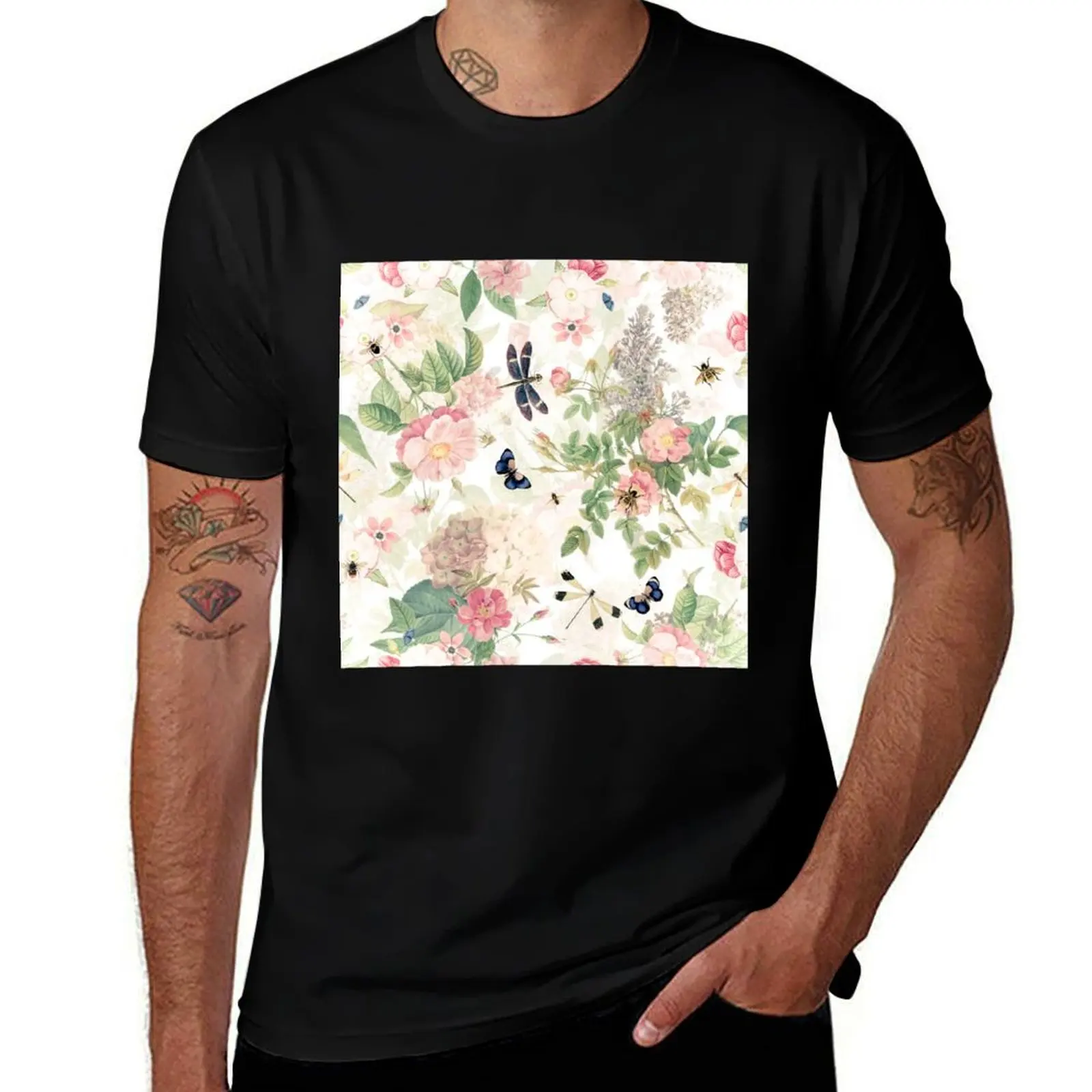 UtART - Vintage Roses Spring Flower And Early Insects Botanical Garden Pattern - Sepia Blush Cream white Nightgarden T-Shirt