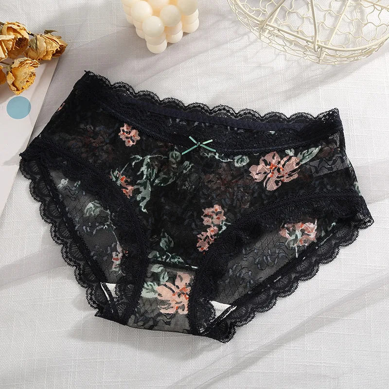 Lace Floral Panties Women\'s Sexy Hot Transparent Mid Waist Briefs Breathable Girls Bow Mesh Ladies Underwears