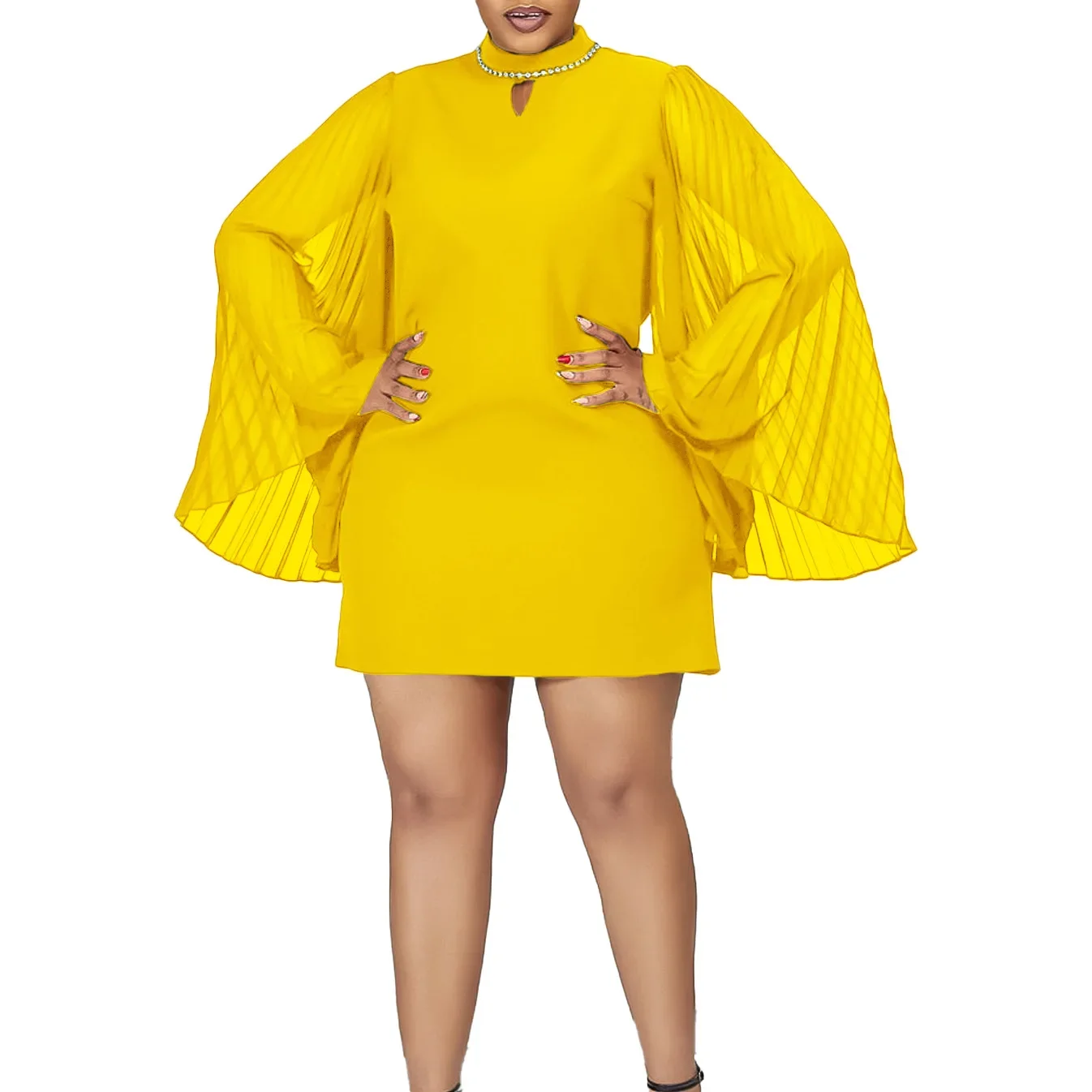 

Dshiki Africa Clothing African Dresses for Women Summer Fashion African Long Pleat Sleeve Polyester Yellow Red Black Mini Dress