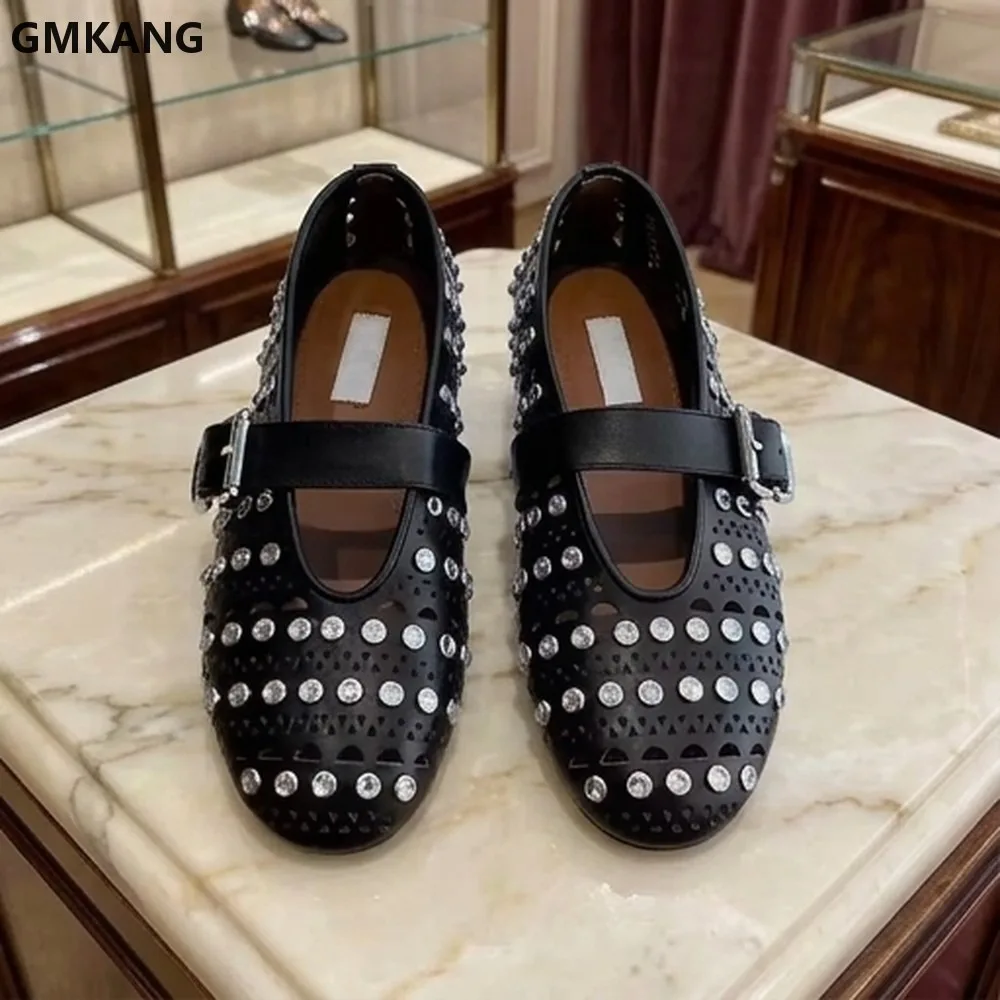 Rhinestone Ballet Flats for Women, Mesh Single Buckle Mary Jane Shoes, Hollow Rivet Design, Lightweight