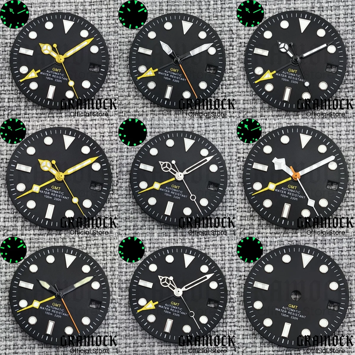 Gramock New 29mm Frosted Watch Dial Black Dial Yellow GMT Text Black Gold Rose Edge Fit NH34 Movement C3 Green Luminous