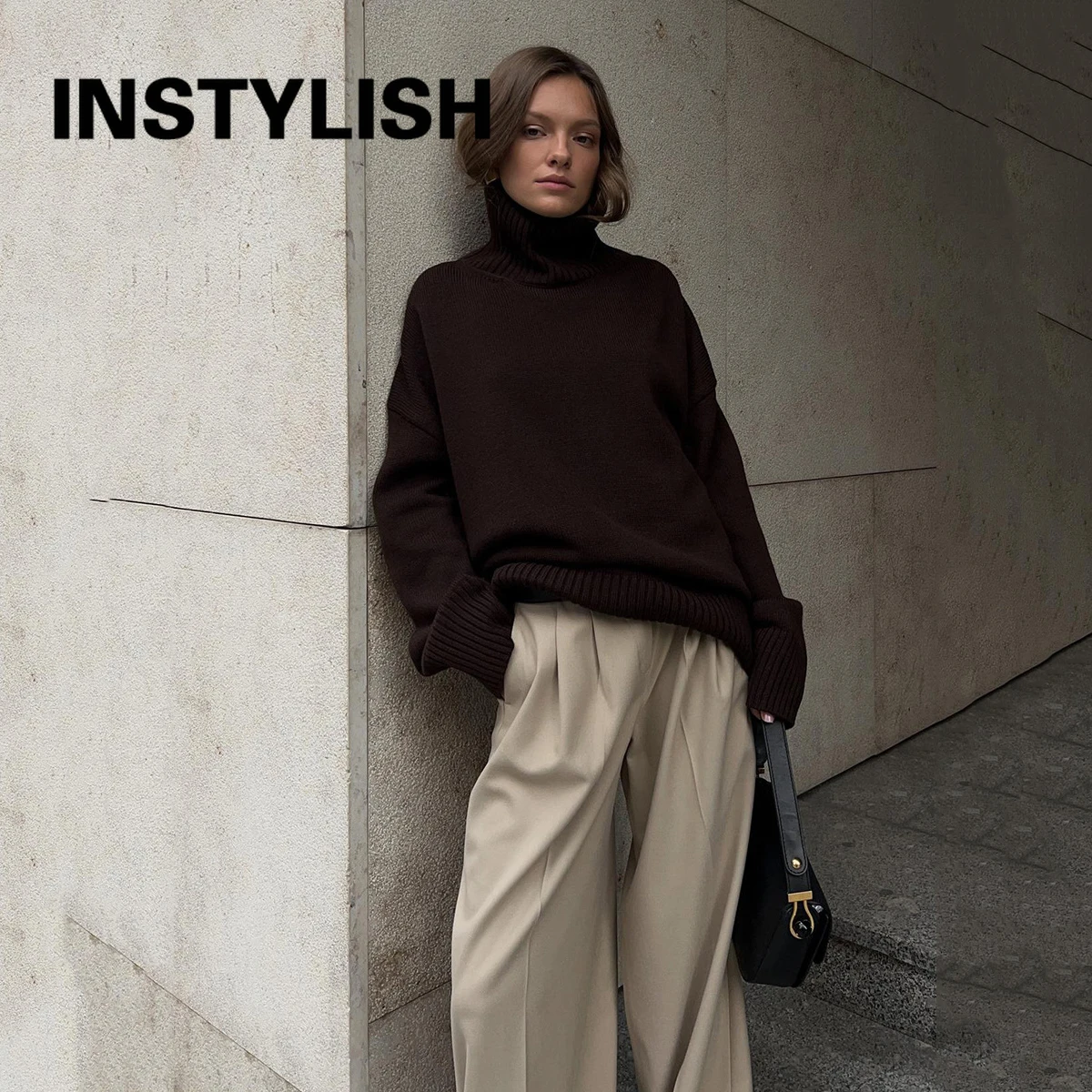 

Ladies Autumn And Winter Solid-Color Retro Warm Pullover High-Neck Knitted Sweater High-End Loose And Versatile Knitted Sweater