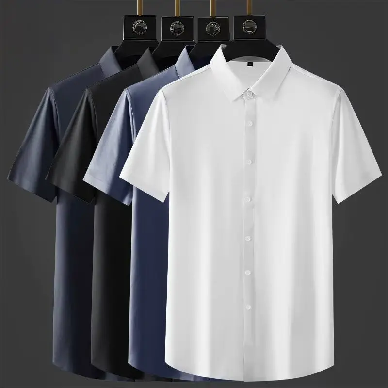 

Ice Silk Shirt Men's Short Sleeves Summer Thin Anti-wrinkle Non-ironing Breathable Elastic Inch Shirt Senior Men's Business Whit
