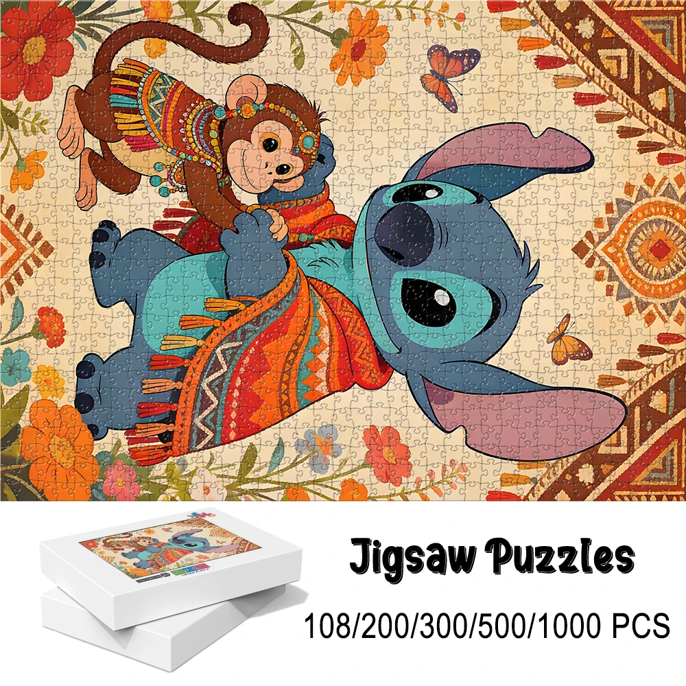 Disney Ethnic Style Stitch Wooden Floor Puzzle Game 1pc 108/200/300/500 Pieces Available Difficulty Levels