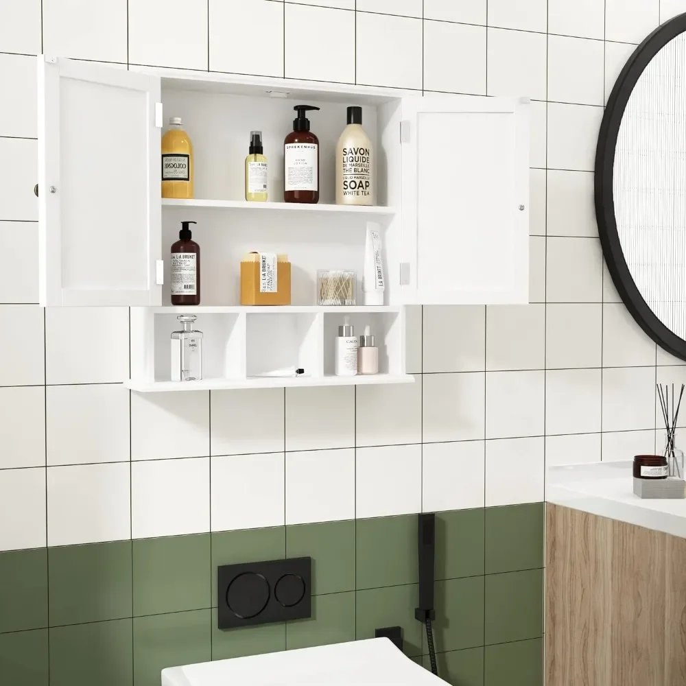 

Bathroom Cabinet Wall Mounted 2-Door with 3 Open Shelves, Wooden Medicine Cabinets with Adjustable Shelf, Space Saver