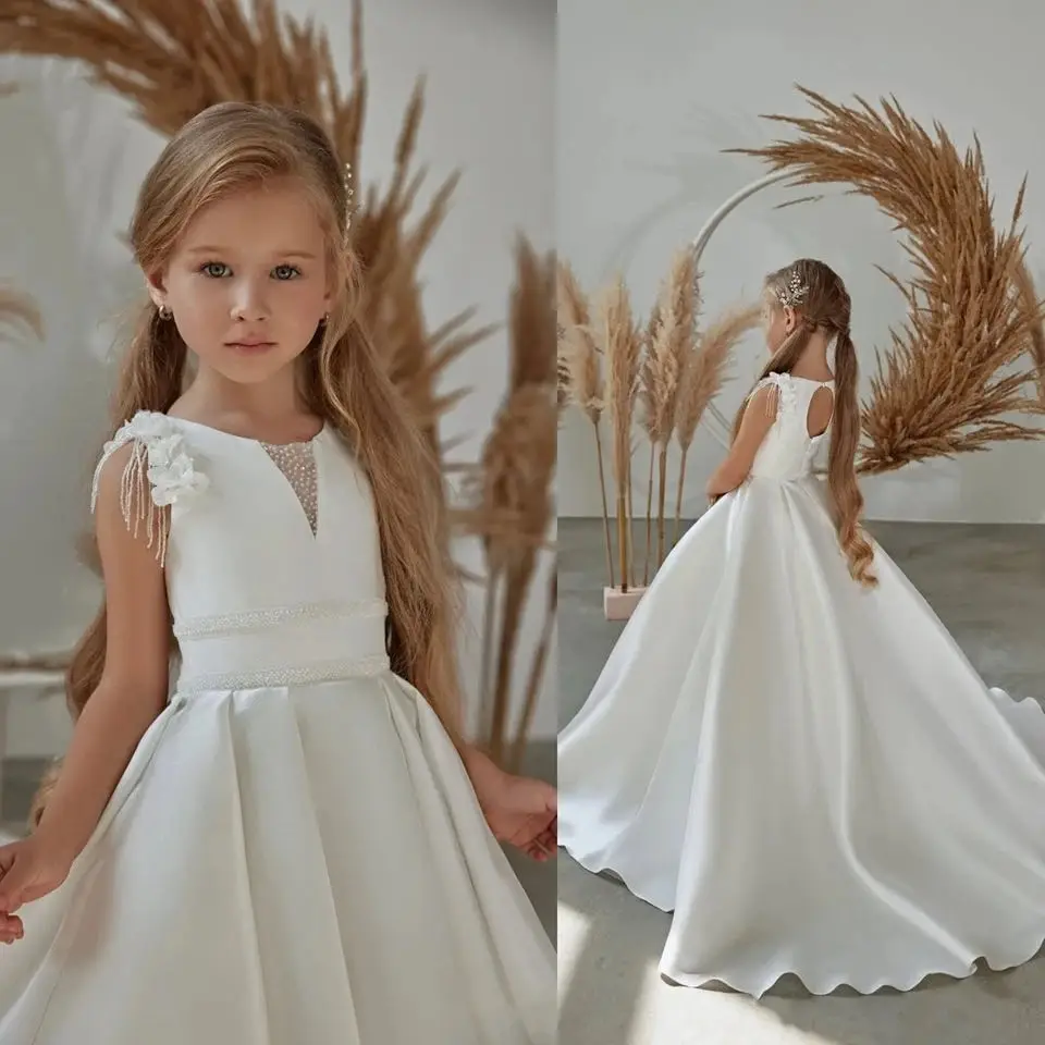 Vestidos blancos sencillos personalizados para niña, vestidos de flores 3D con cuentas de satén, línea A, para desfile de cumpleaños, vestidos de primera comunión 2023