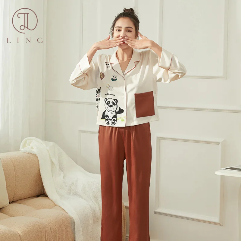 Ling Ice Silk 2 Pcs Long Sleeve Trousers Sleepwear Summer Women's Pajamas Sets Cartoon Women's Home Clothes Nightwear Comfy