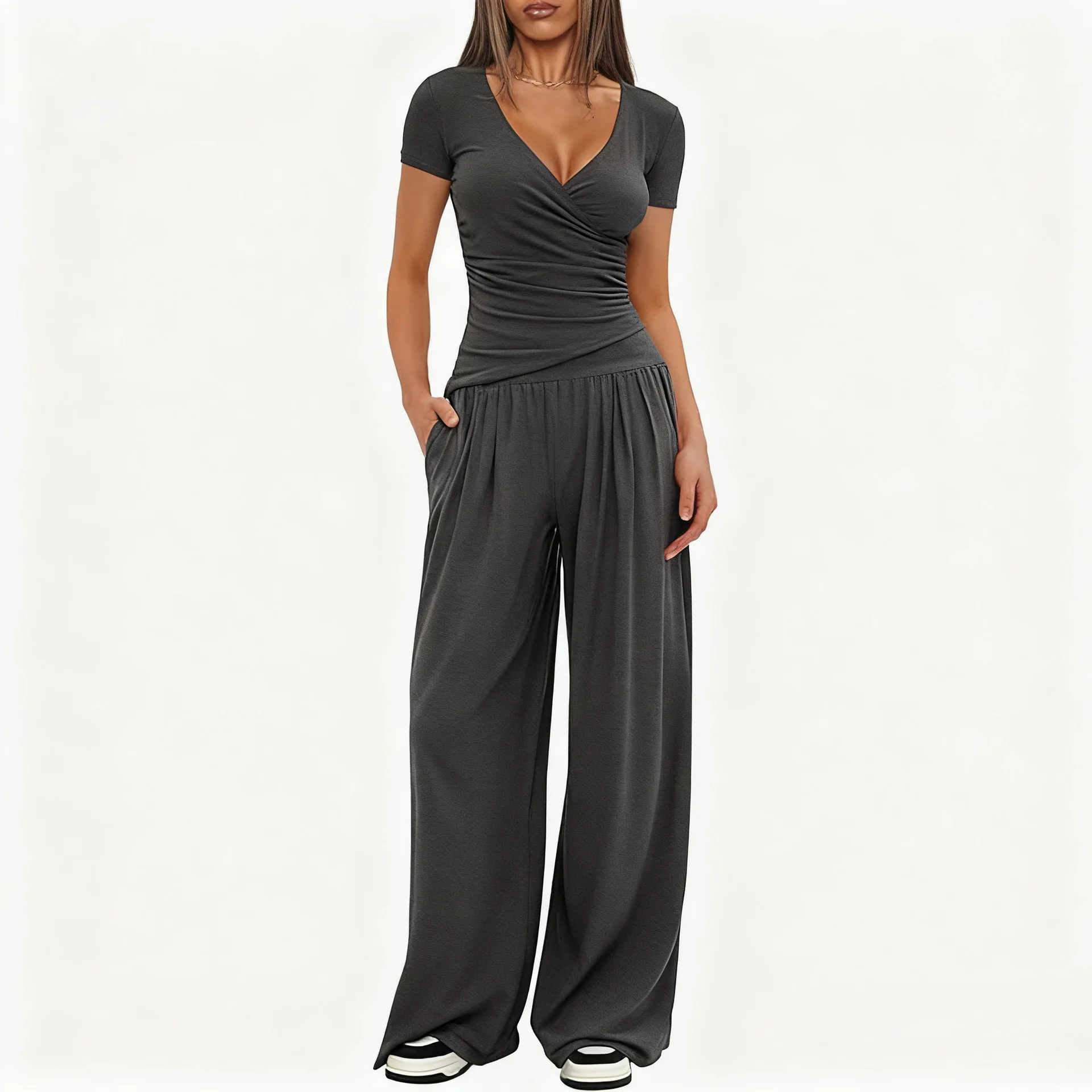 Women's Wide-Leg Pants Set Short-Sleeved Sportswear Two-Piece Suit