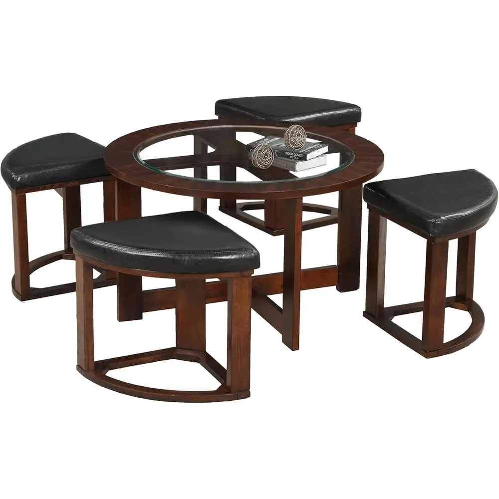 Solid Wood Glass Top Round Coffee Table with 4 Stools, Espresso, 36.00 x 36.00 x 19.00 Inches