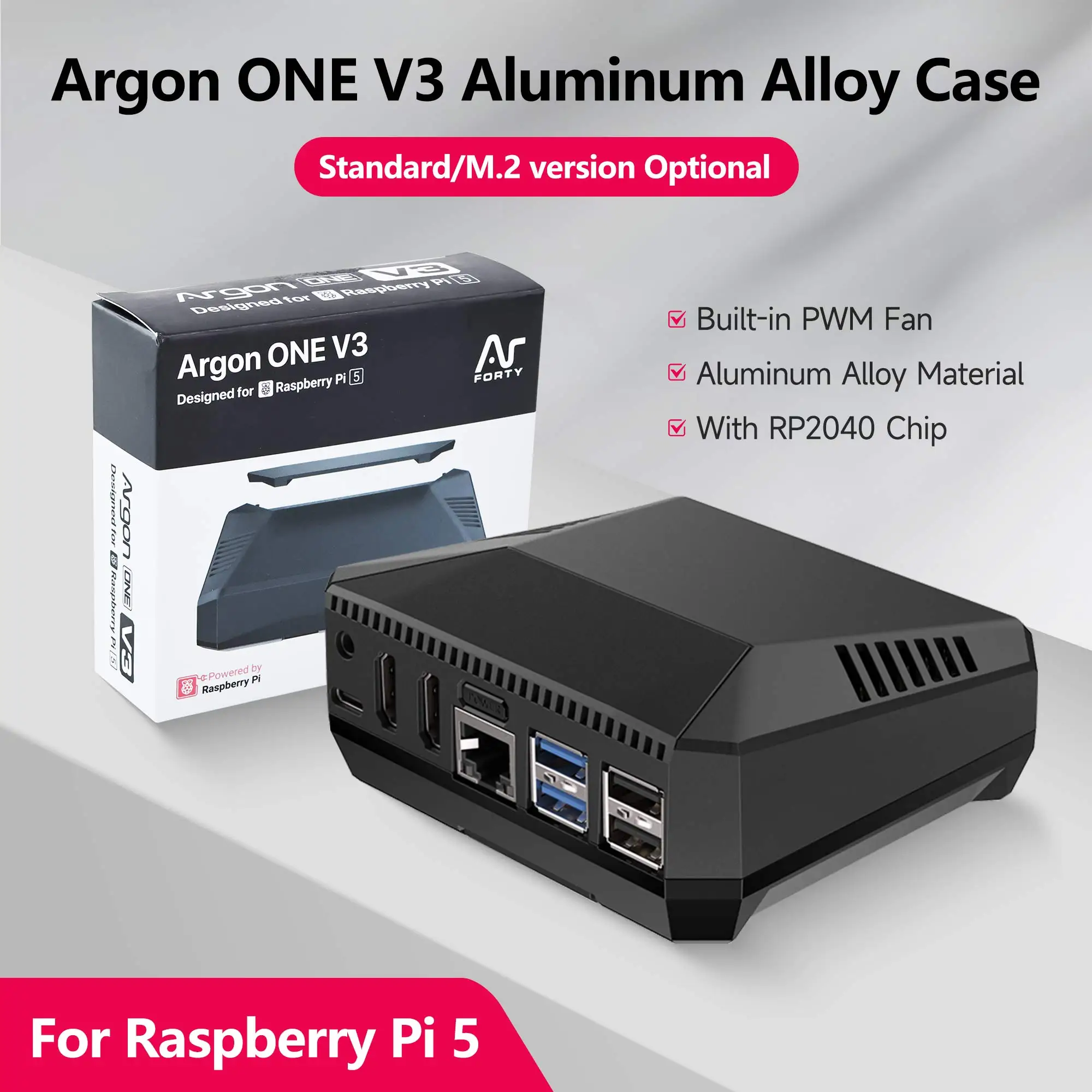 Raspberry Pi 5 Argon ONE V3 Aluminum Alloy Case Kit Bulit-in PWM Fan Full HDMI-compatible IR Power Button Receiver Box for RPi 5