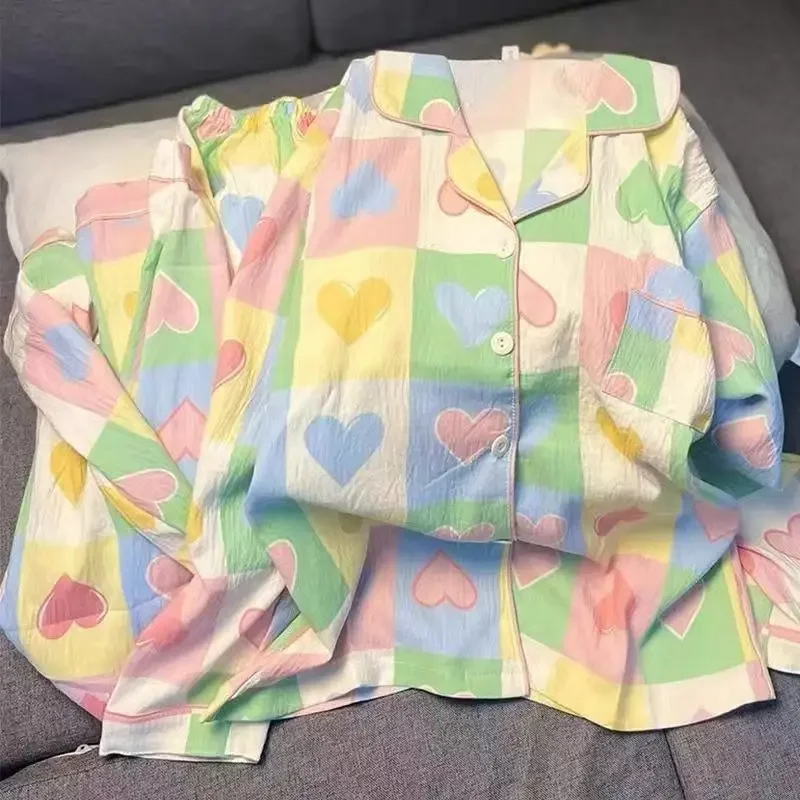 Neue Frühlings- und Herbst-Pyjamas für Mädchen und Frauen im INS-Stil mit Cartoon-Bären-Motiv, Neue Damen-Langarm-Pyjamas, Gestreiftes Homewear-Set für Damen zum Tragen im Freien