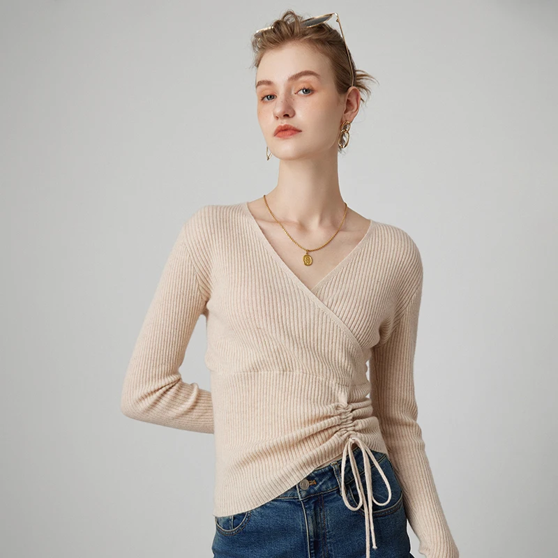 2023 Autumn/Winter Women\'s 100% Cashmere Sweater Pullovers Female High Elastic Short Tops Lady\'s V-Neck Solid Slim Knit Jumper