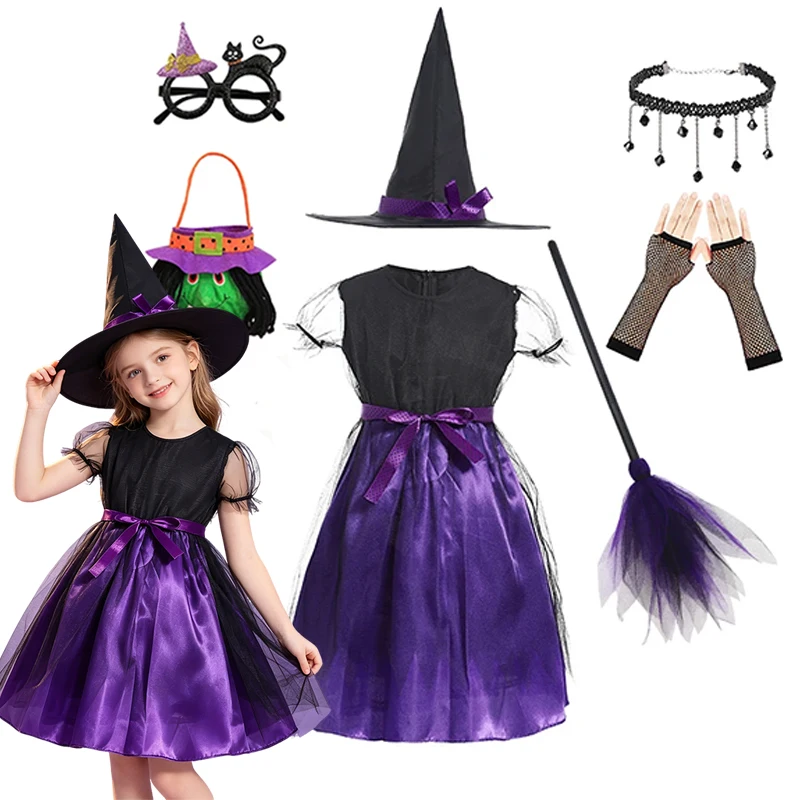 Little Girls Purple‑Black Witch Costume Short Sleeve Sheer Tulle Dress Halloween Carnival Birthday Party Cosplay Outfit