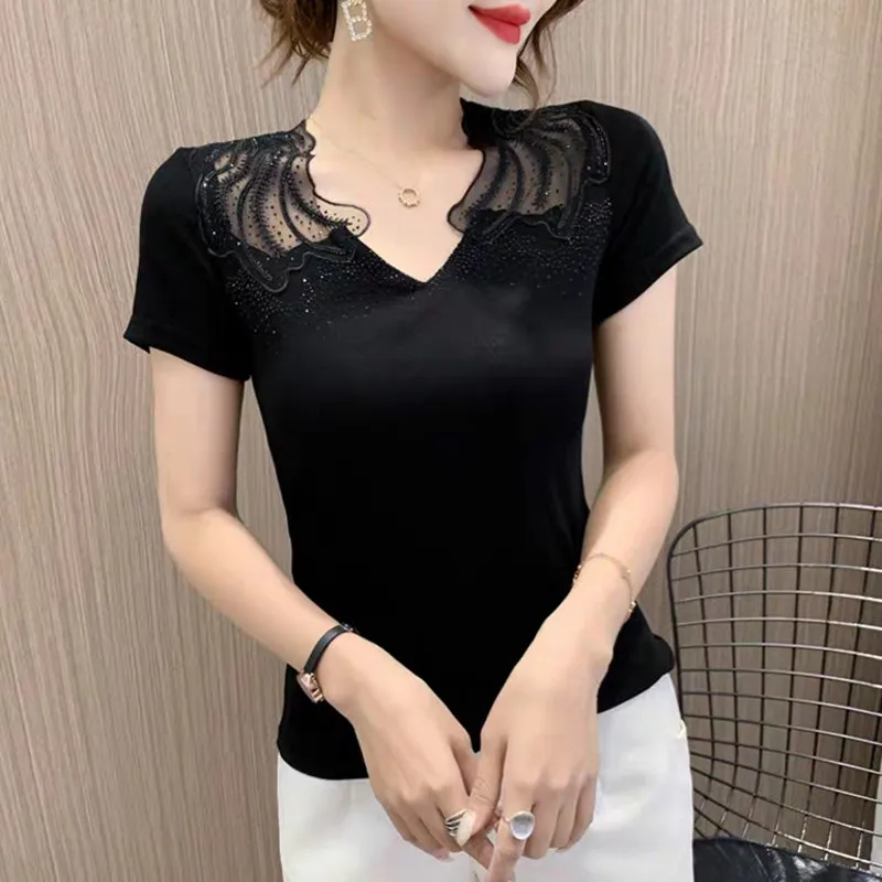 New 2023 Summer Women\'s T-Shirt Fashion Casual Short Sleeved Sexy Hollow Out Hot Diamond Tops Girl Elasticity Cotton Tees Blusas