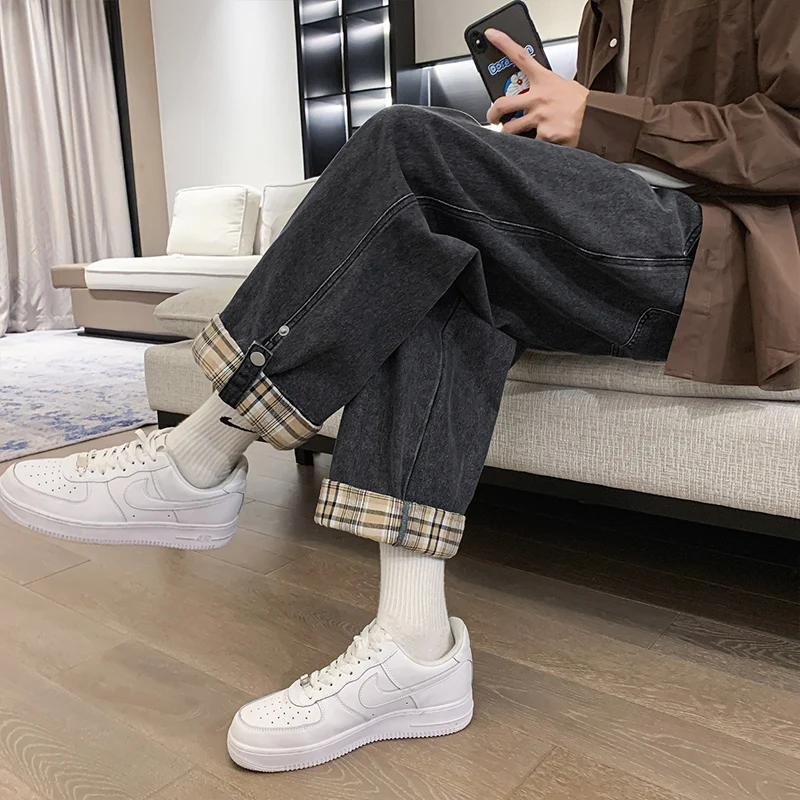 Loose Straight Leg High Waist Jeans Women's plus Size 300 Pounds Spring Autumn Trendy Design Cuffed Wide Leg Pants