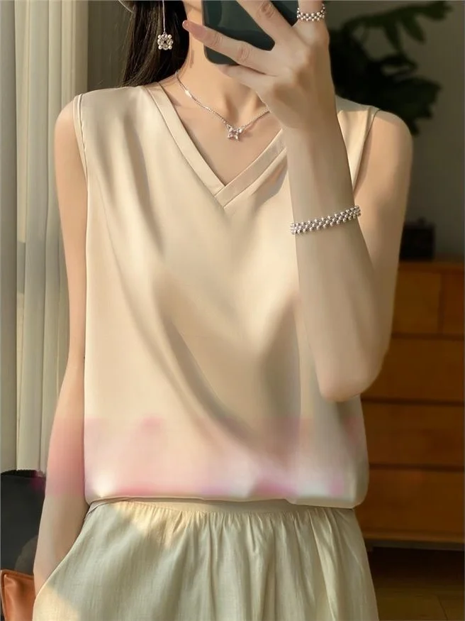 Loose Fit Silk Satin Sleeveless Vest V-Neck Top for Women plus Size  Color T-Shirt Chinese Style Summer Fashion