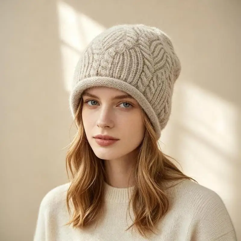 2026 Neue Y2K Herbst-Winter Warme Wollmütze für Damen, Modische Vintage-Kaninchenfellmütze, Vielseitige Faltbare Strickmütze – Detail 8