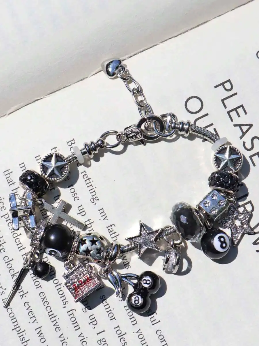 

Black 8 Ball Cherry Star Charm Bracelet For Women Retro Punk Style