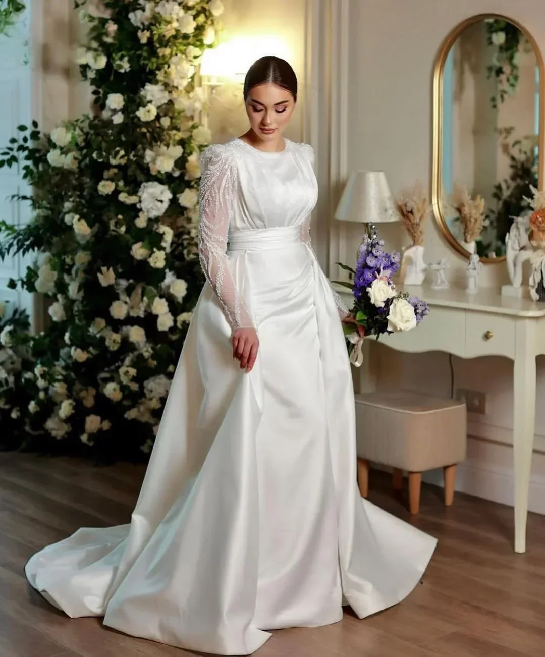 

Атласные свадебные платья по индивидуальному заказу, женские блестящие вечерние мусульманские свадебные платья с длинными рукавами, Vestidos De Novia