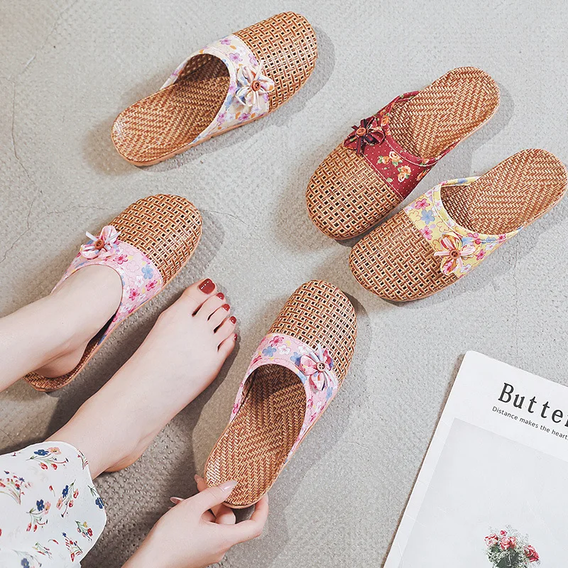 Mntrerm Subgrass Indoor Summer Indoor Slippers Wooden Floor Silent Non-Slip Home Women Rattan Grass Cool Indoor Linen Slippers